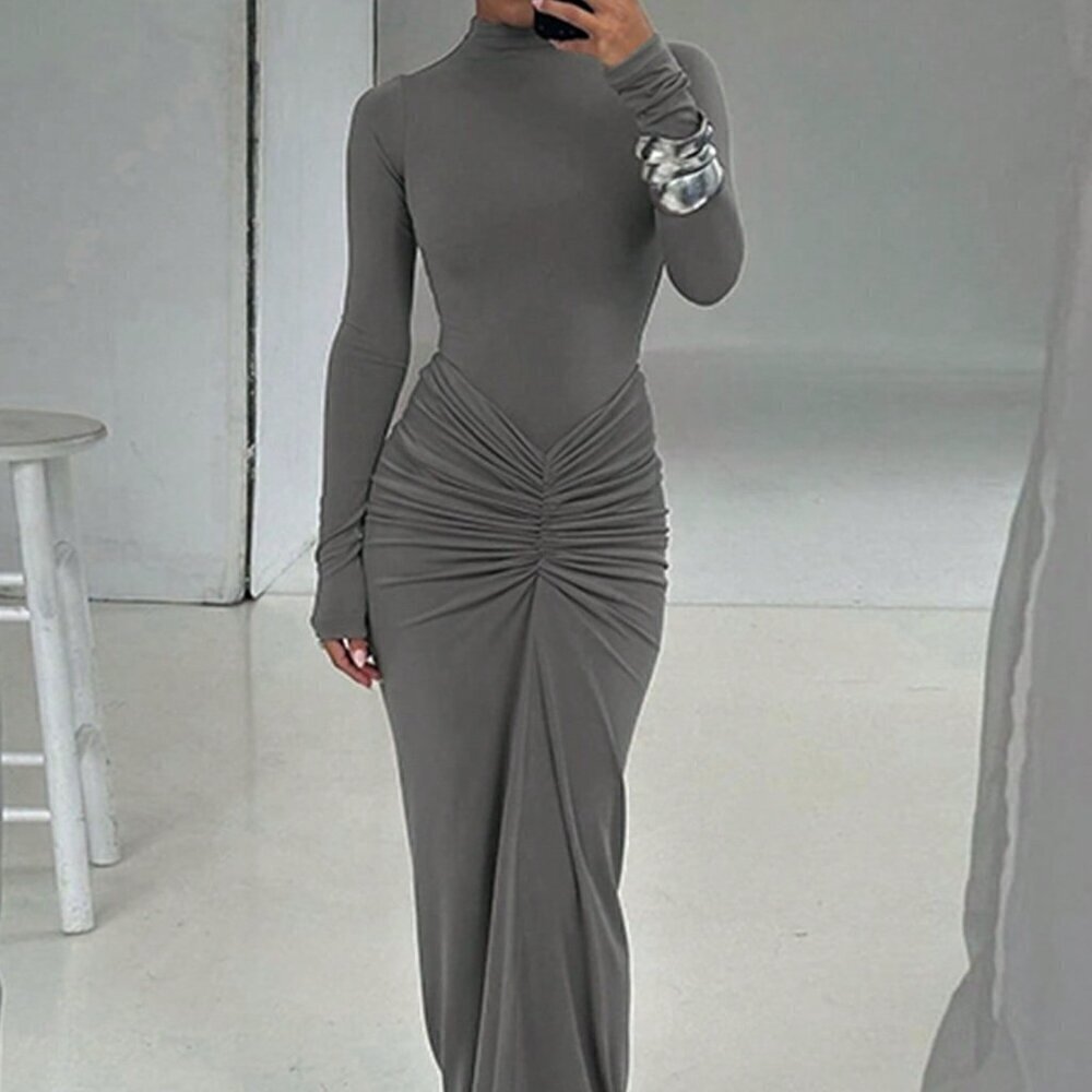 Grey Elegant Women's Ruffled Crew Neck Long Sleeve Fitted Dress